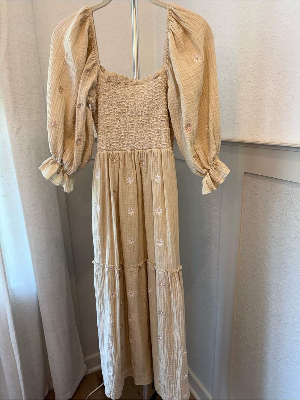 Viral Floral Smocked Puff-Sleeve Maxi Dress in Beige